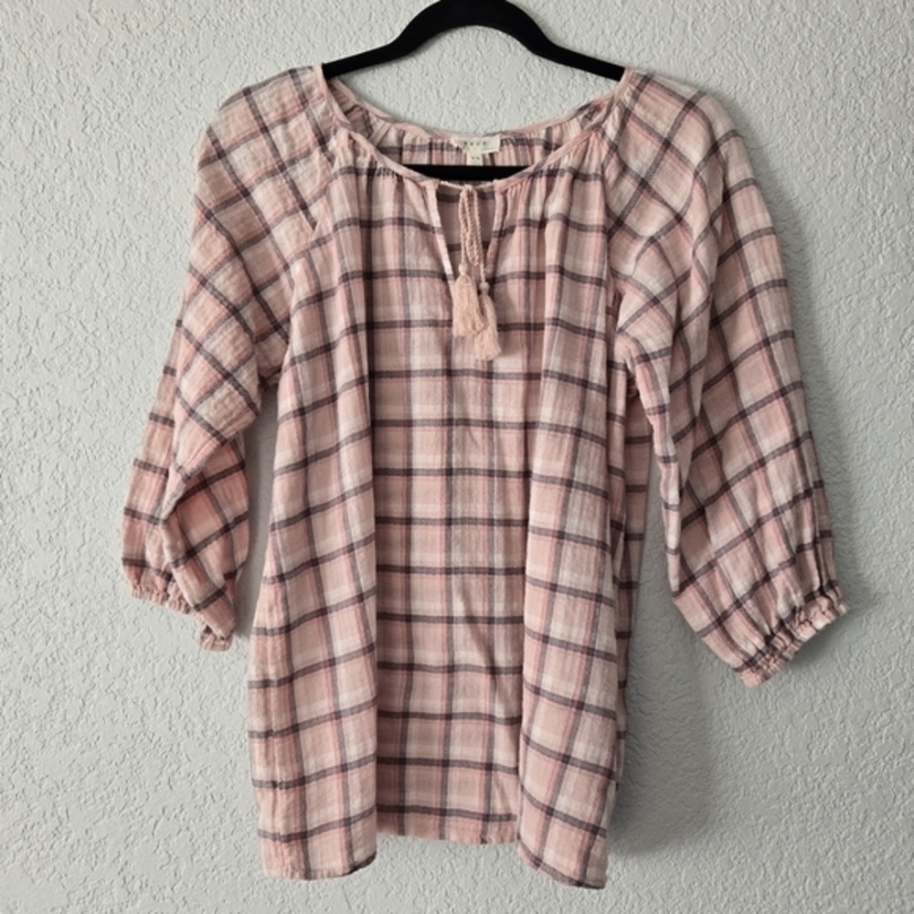 Soft Joie Pink Plaid Cotton Gauze Peasant Blouse Tassel Tie 3/4 Sleeve Womens XS